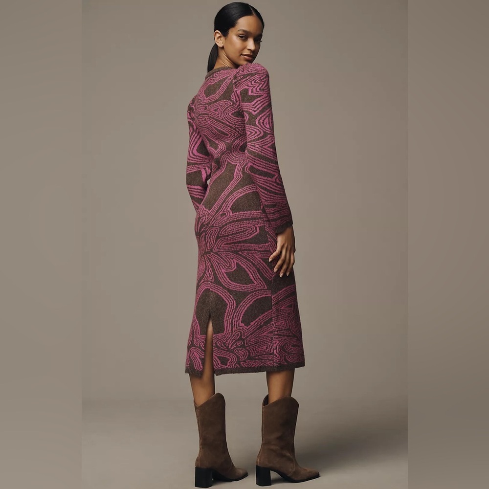 Farm Rio x Anthropologie Size M Long-Sleeve Jacquard Sweater Midi Dress - Picture 1 of 10